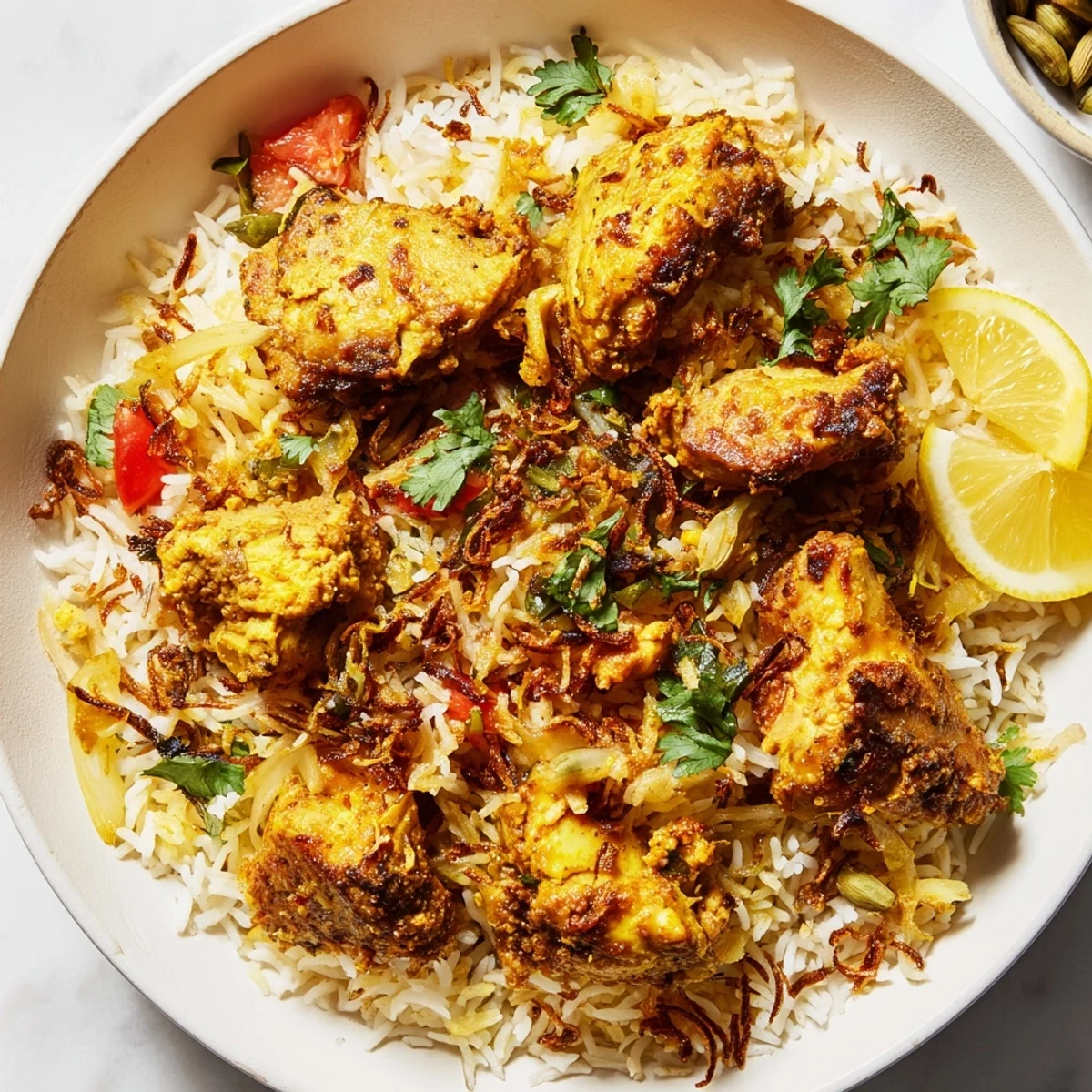 Golden, fluffy Easy Chicken Biryani with tender chicken pieces and aromatic spices, ready to enjoy.