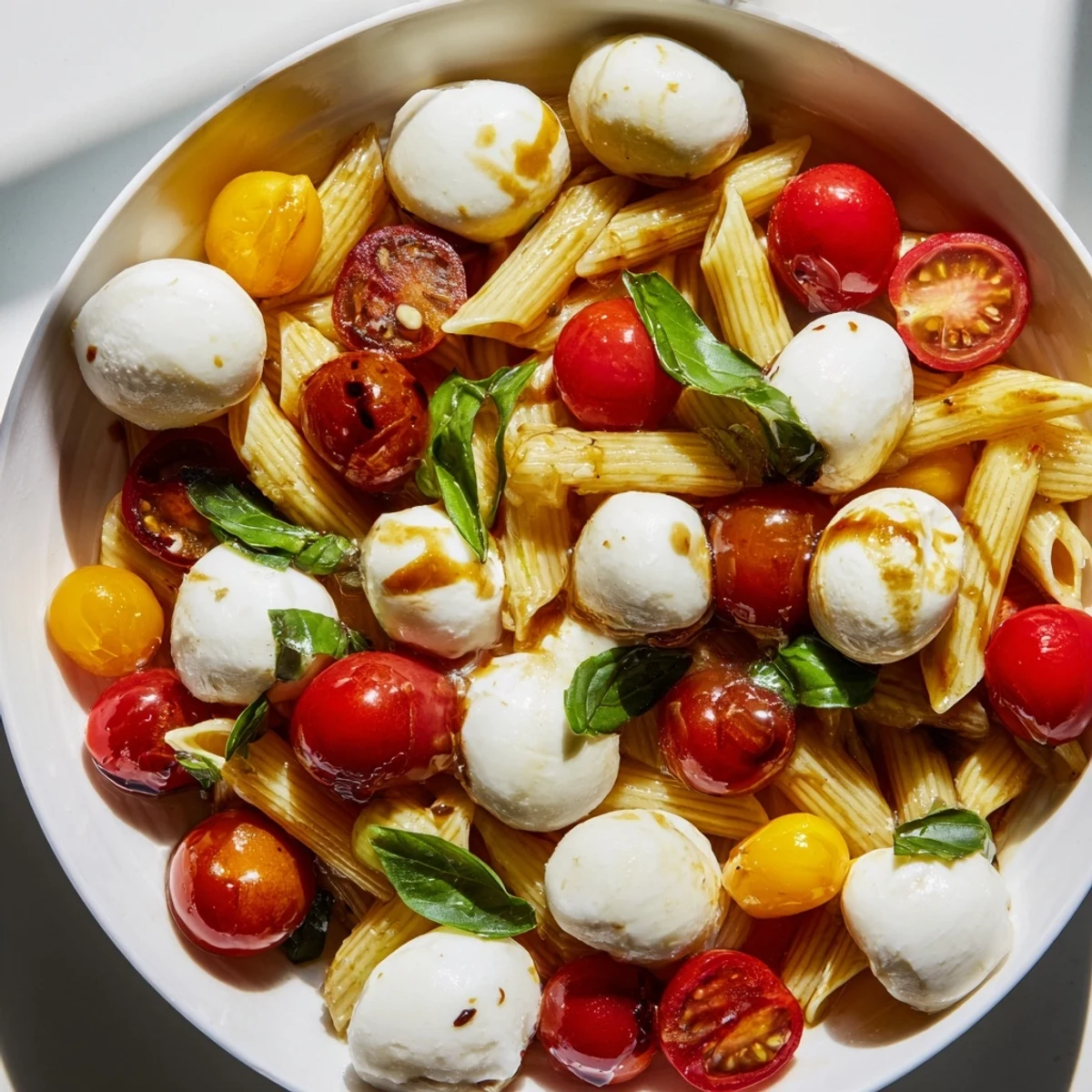 Vibrant Caprese Pasta Salad with ripe tomatoes, creamy mozzarella, and a light balsamic dressing.