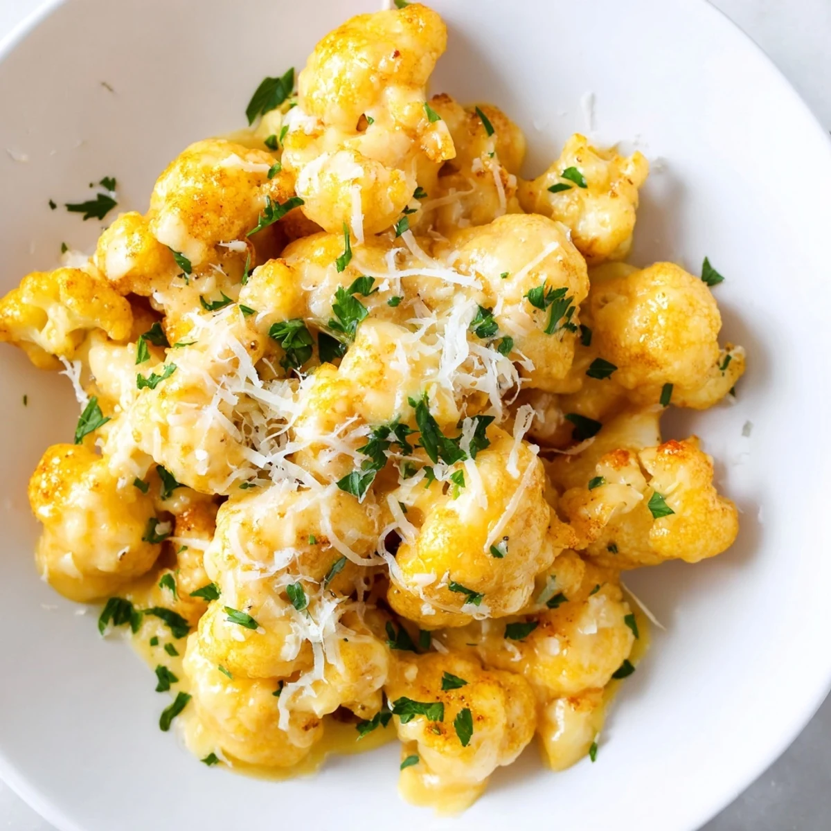 Golden, bubbly Cheesy Cauliflower Mac, a low-carb delight ready to be served hot and cheesy.