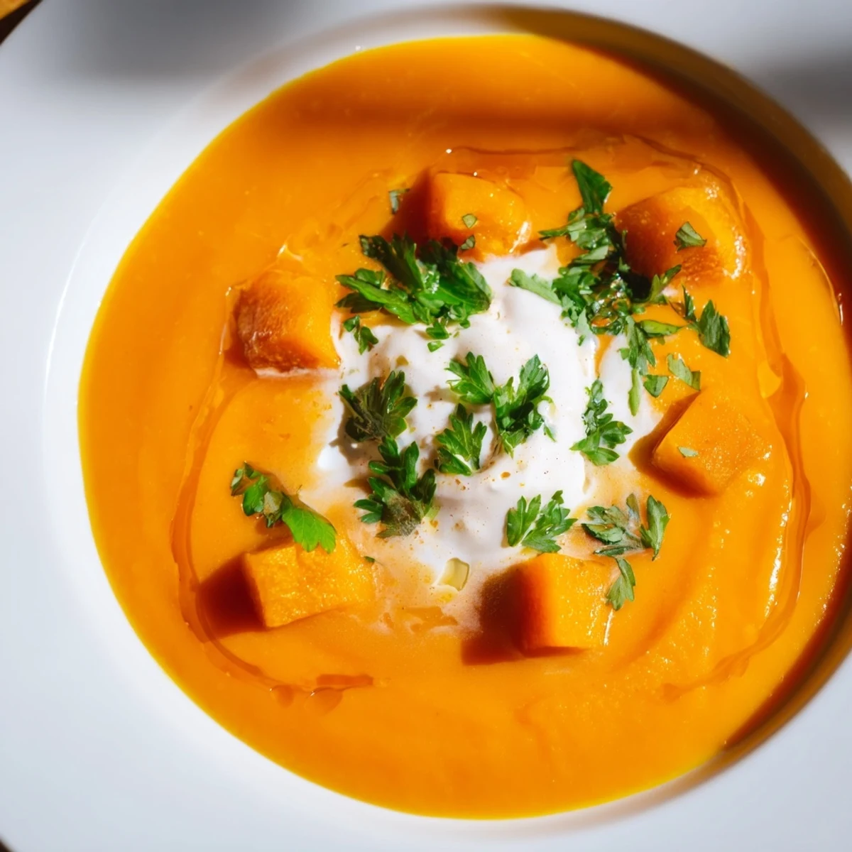 Creamy Sweet Maple Carrot Soup presented in a bowl, garnished with parsley and a yogurt swirl.