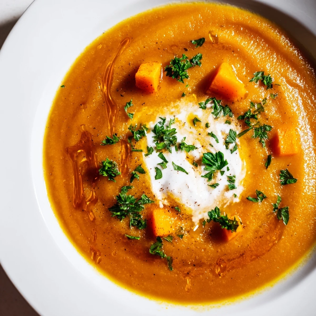 A vibrant close-up of Sweet Maple Carrot Soup: the rich orange hue is perfectly inviting!