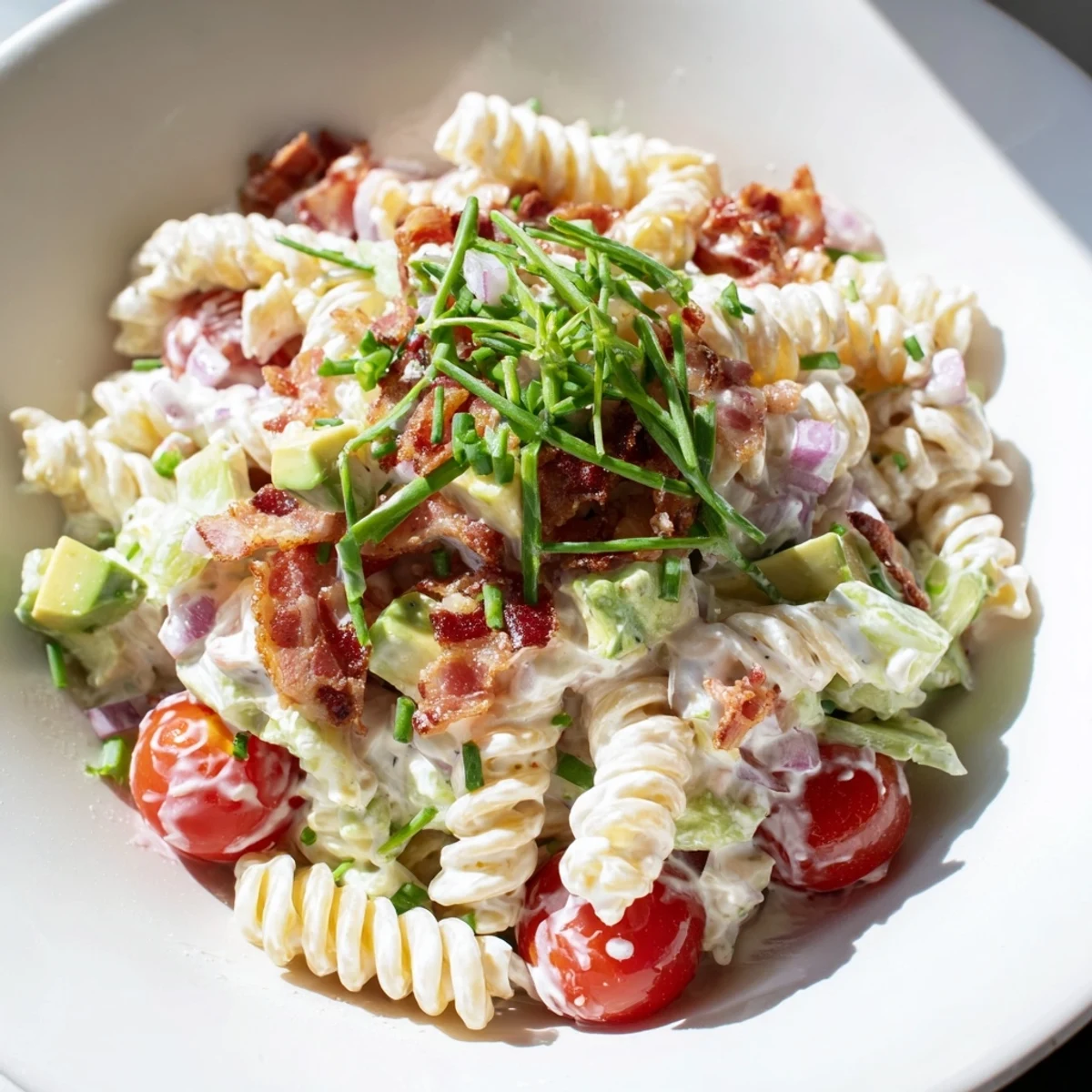 BLT Pasta Salad, overflowing with pasta, crispy bacon, ripe tomatoes, and creamy dressing, is perfect.