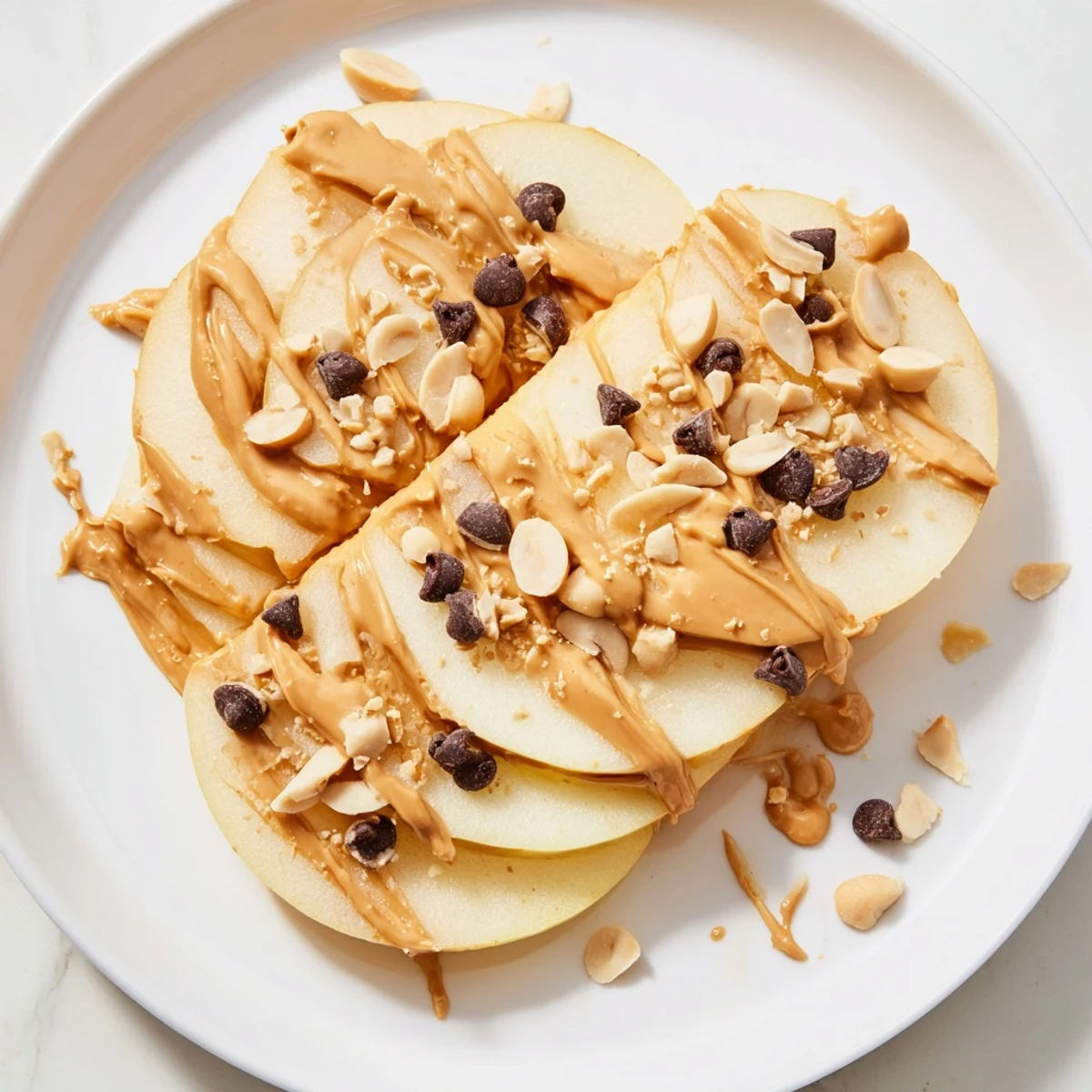 Delectable Peanut Butter Apple Nachos featuring a creamy peanut butter drizzle, perfect snack.