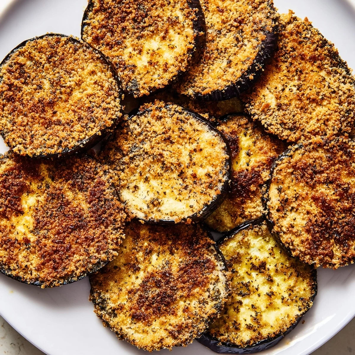 Golden, crispy Eggplant Parmesan Chips are arranged on a baking sheet, ready for scooping and enjoying.