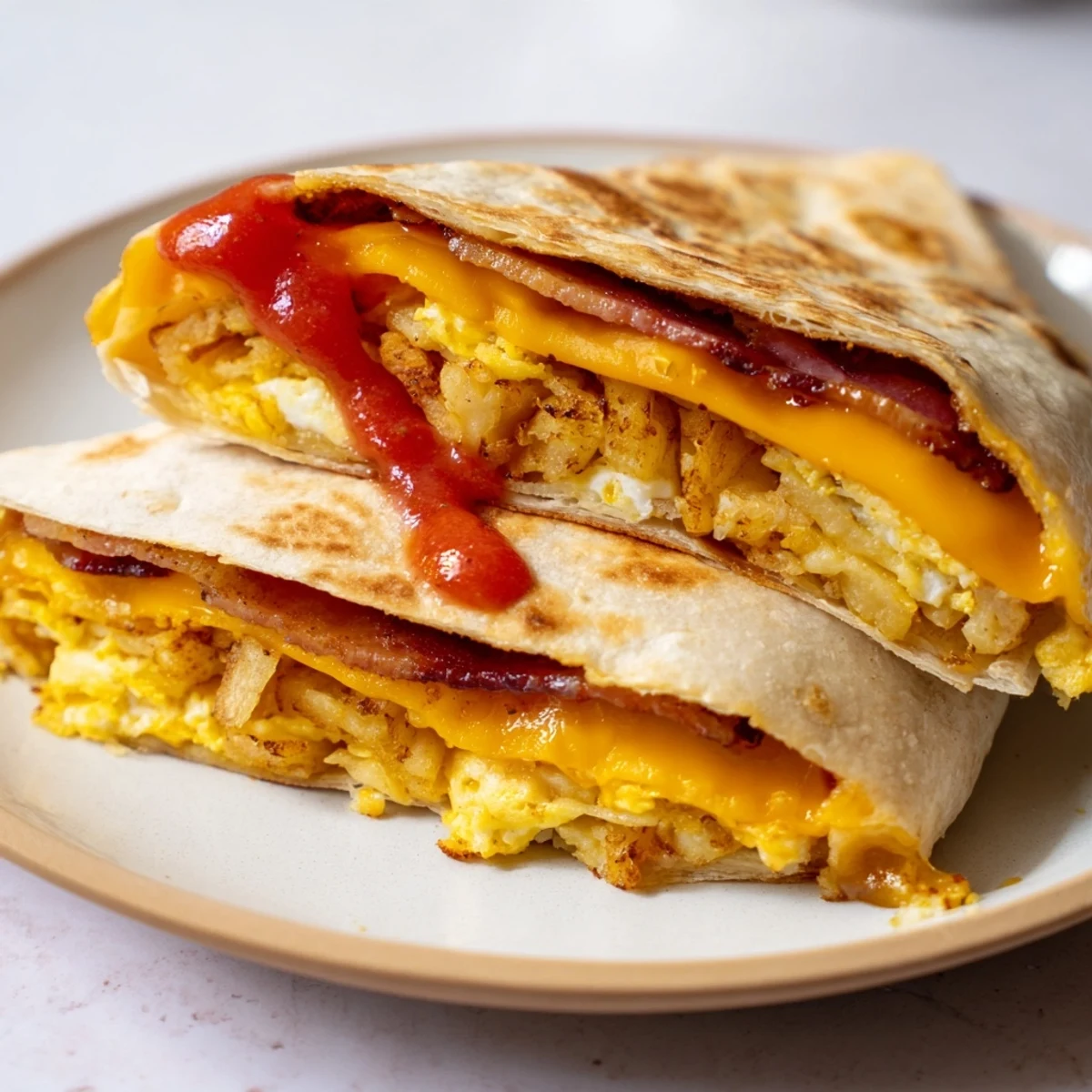 Golden-brown Breakfast Crunchwrap Hack with melted cheese and crispy hash browns, ready to eat.