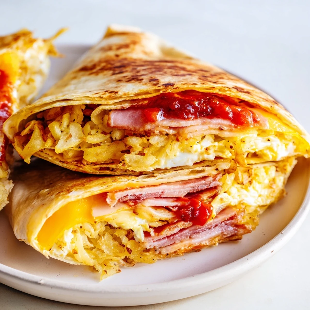 A folded Breakfast Crunchwrap Hack, showing layers of eggs, savory fillings, and a golden tortilla exterior.