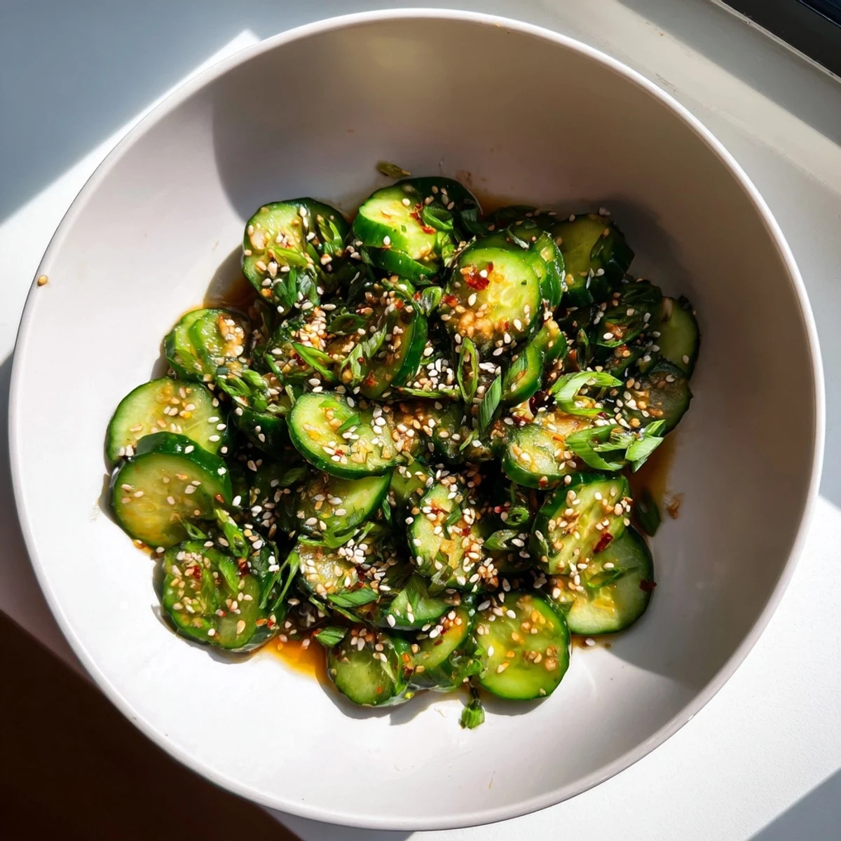 Close-up shot of Zesty Shake Cucumber Salad, a vibrant, chilled Asian-inspired salad ready to serve.