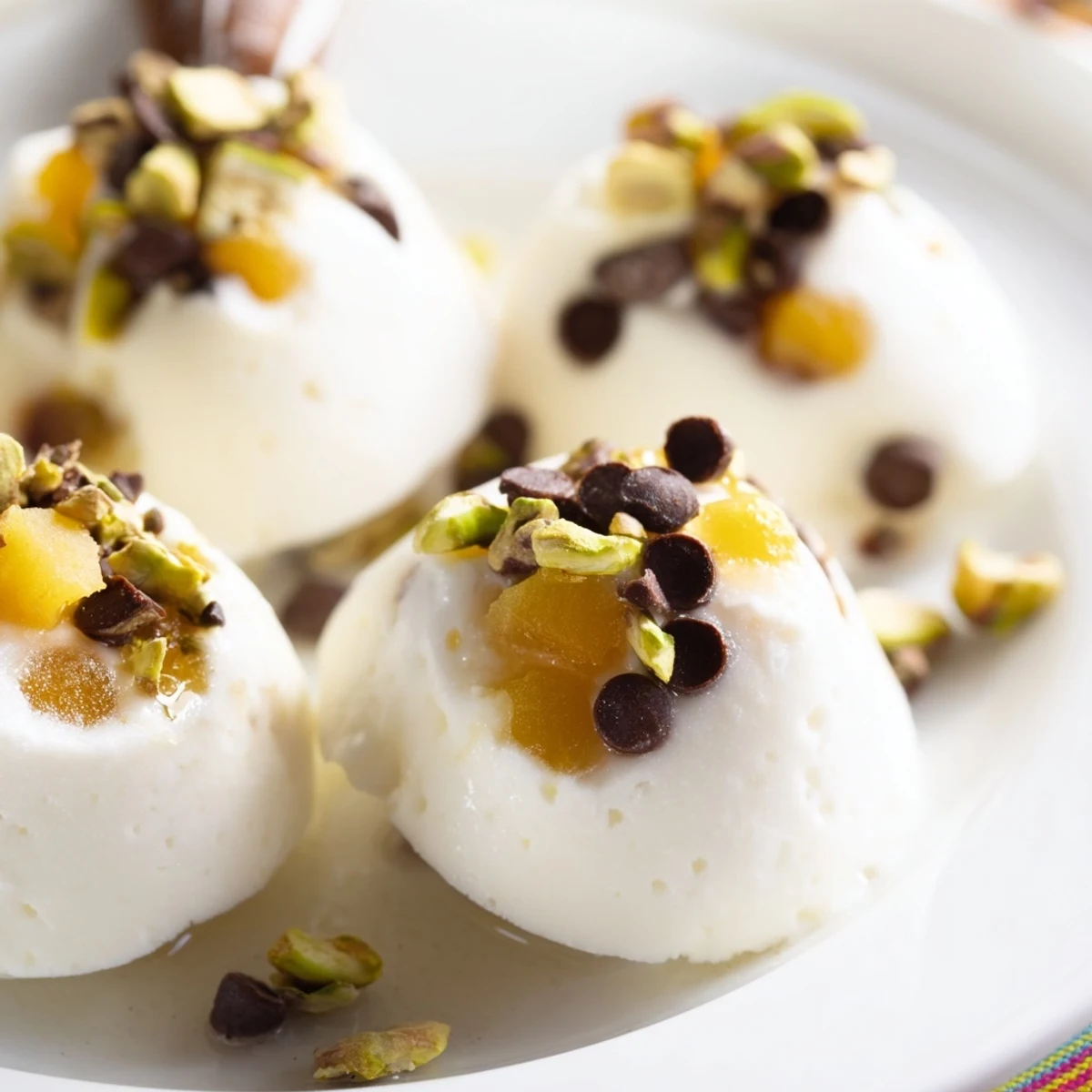 A close-up of Frozen Peach Yogurt Bites, creamy texture, garnished with optional chocolate chips and nuts.