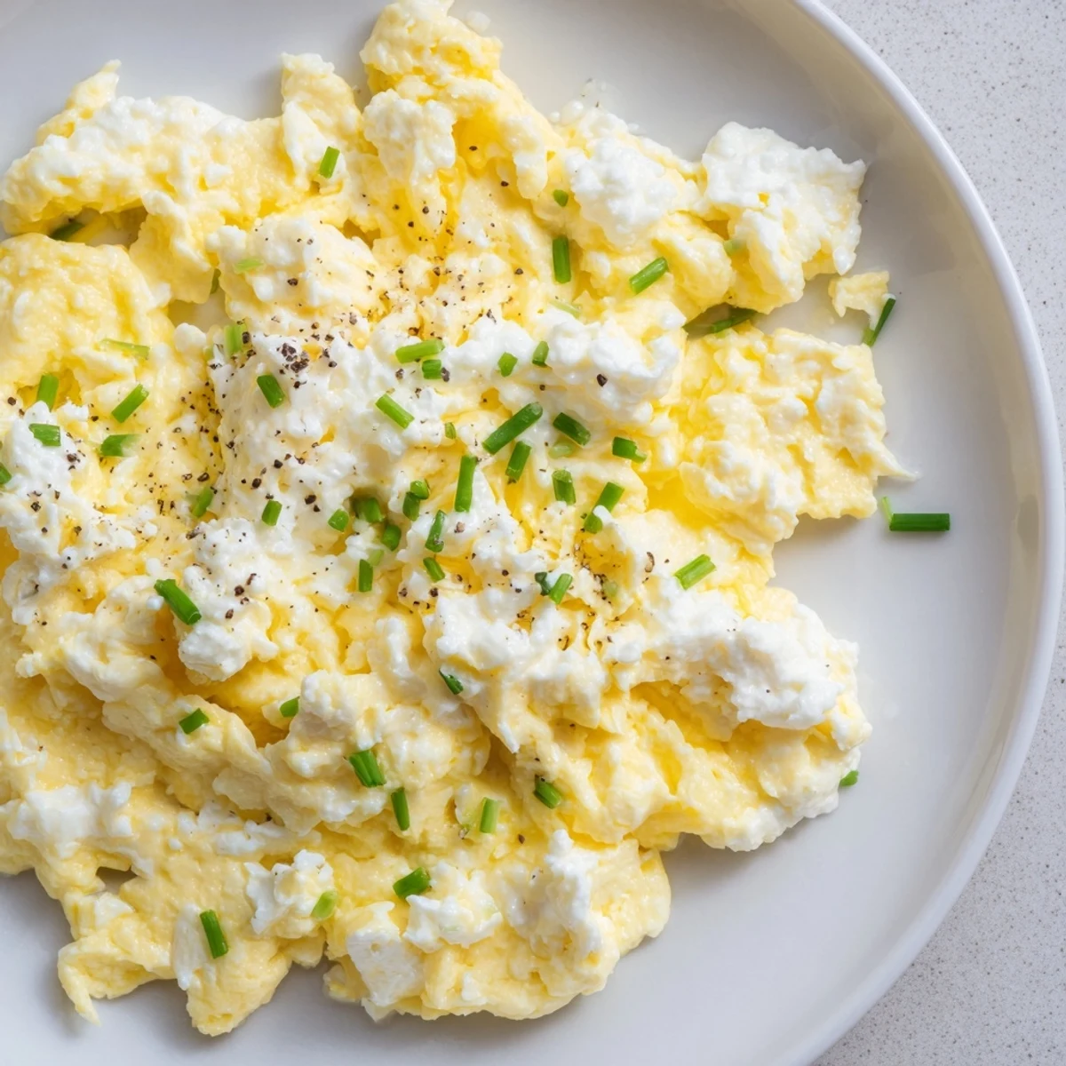 Fluffy Cottage Cheese Scrambled Eggs, a protein-packed and creamy breakfast, ready to serve hot.