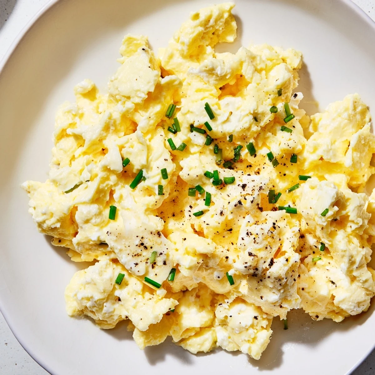 Golden Cottage Cheese Scrambled Eggs, cooked to perfection and flavored with savory seasonings for brunch.