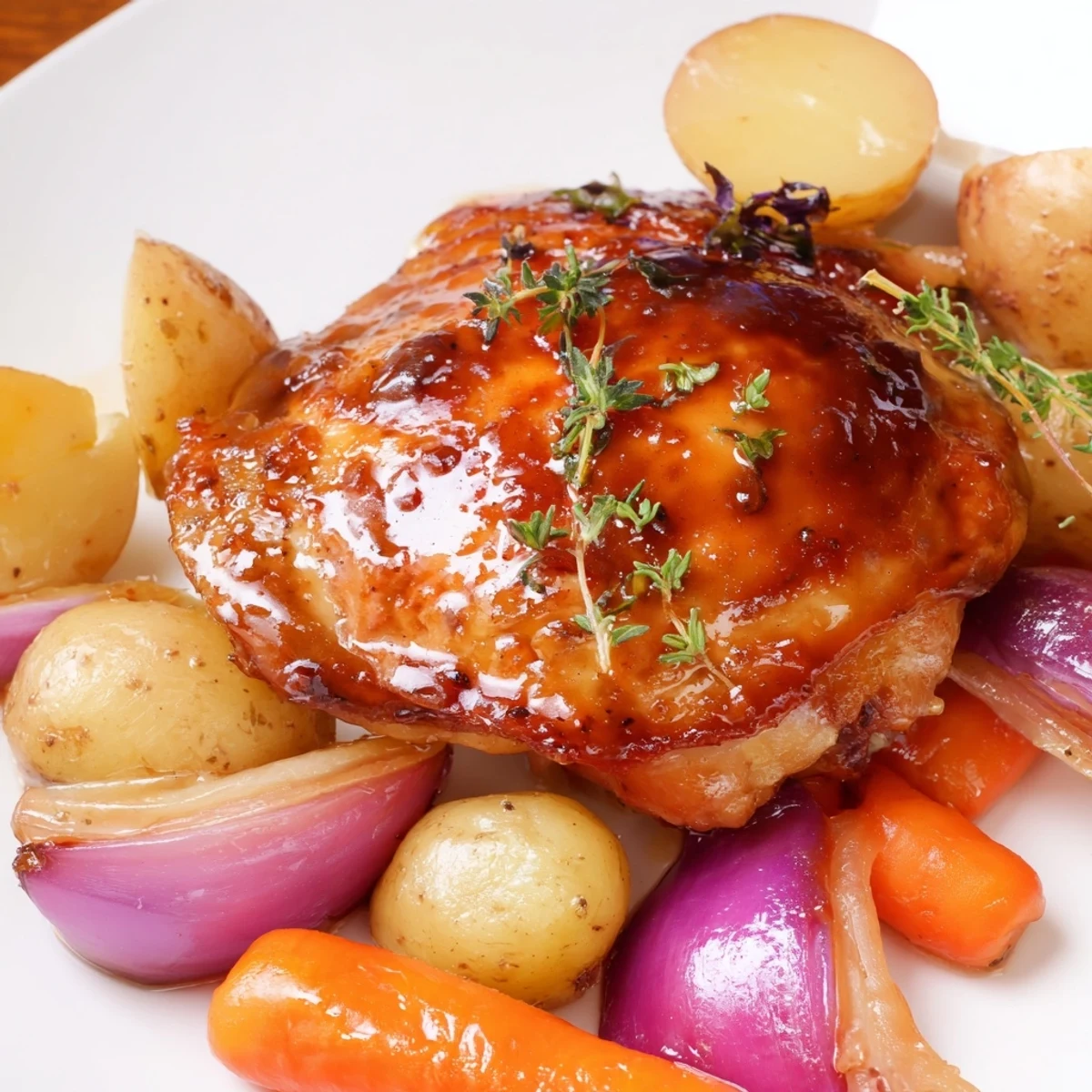Sheet pan of flavorful Maple Dijon Chicken Thighs glistening with glaze, alongside tender roasted potatoes and carrots.