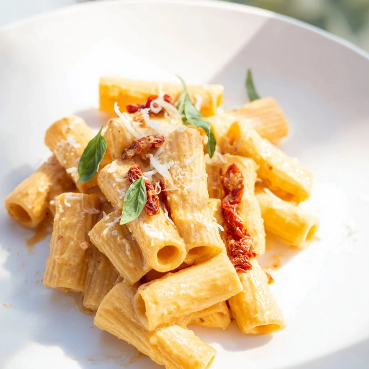 Creamy sun-dried tomato pasta: a close-up shows tender pasta coated in a vibrant, rich sauce.