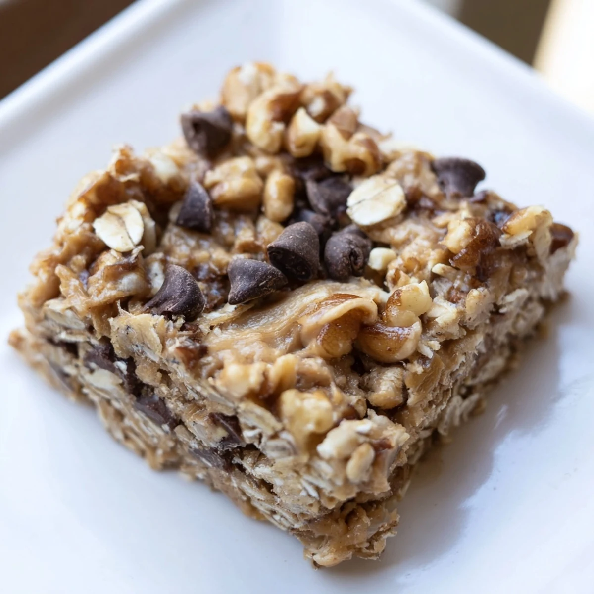 Golden-brown Peanut Butter Banana Oat Bars, showing a cut slice's creamy texture, perfect for snacking.