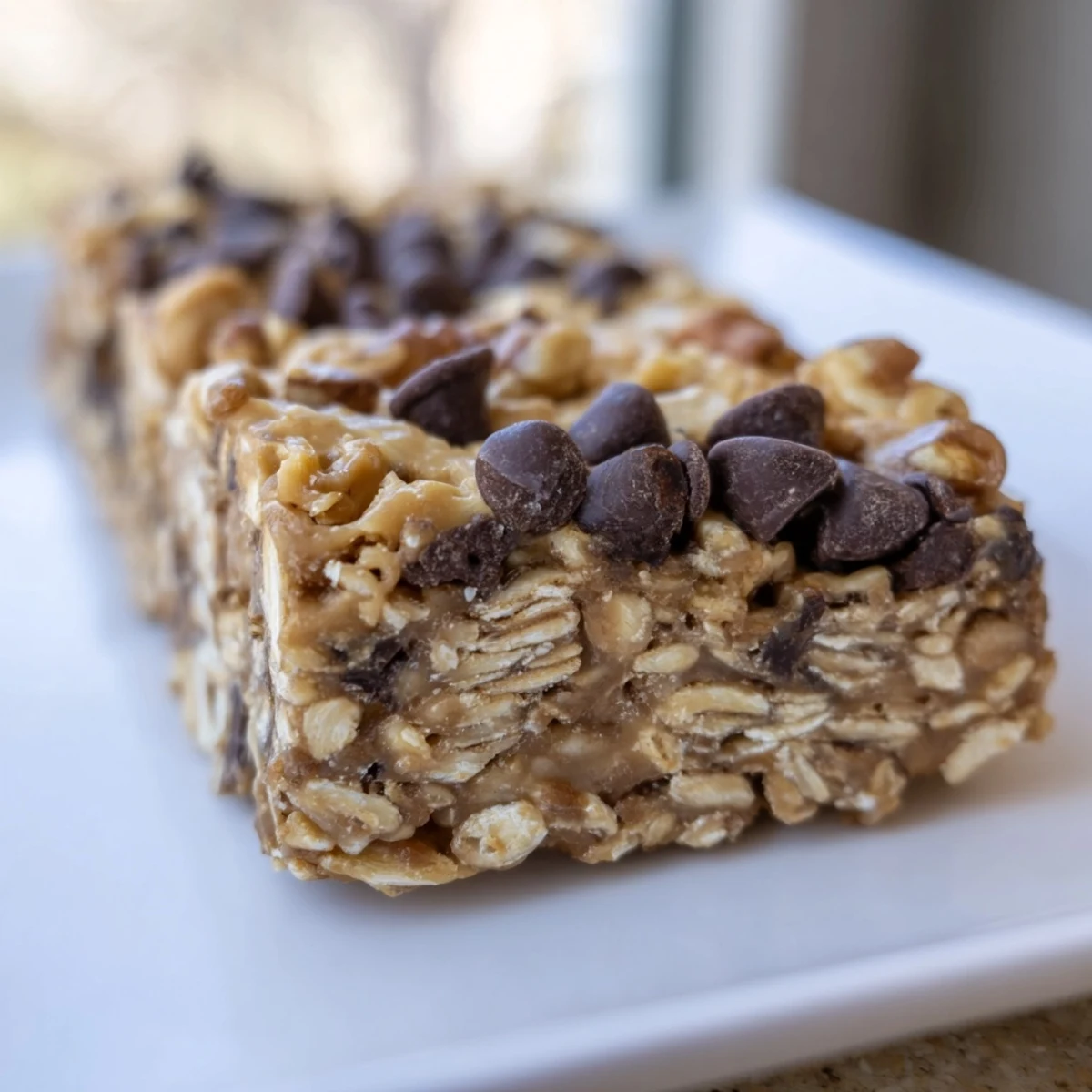 A close-up of delicious Peanut Butter Banana Oat Bars, featuring visible oats and chocolate chips, ready to eat.