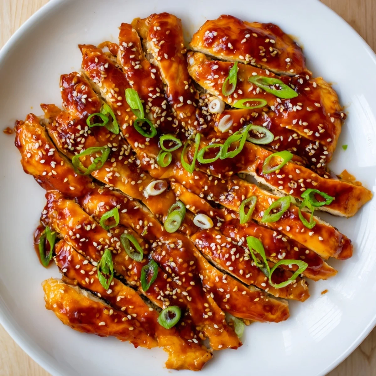 Savory Sweet and Spicy Sriracha Honey Chicken, a quick weeknight meal with sesame and green onion garnish.