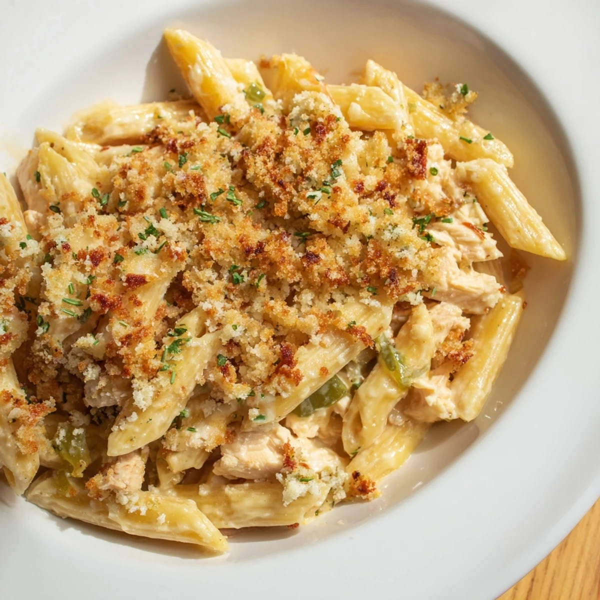 Jalapeño Popper Chicken Pasta, a baked casserole, shows golden bubbly cheesy goodness.