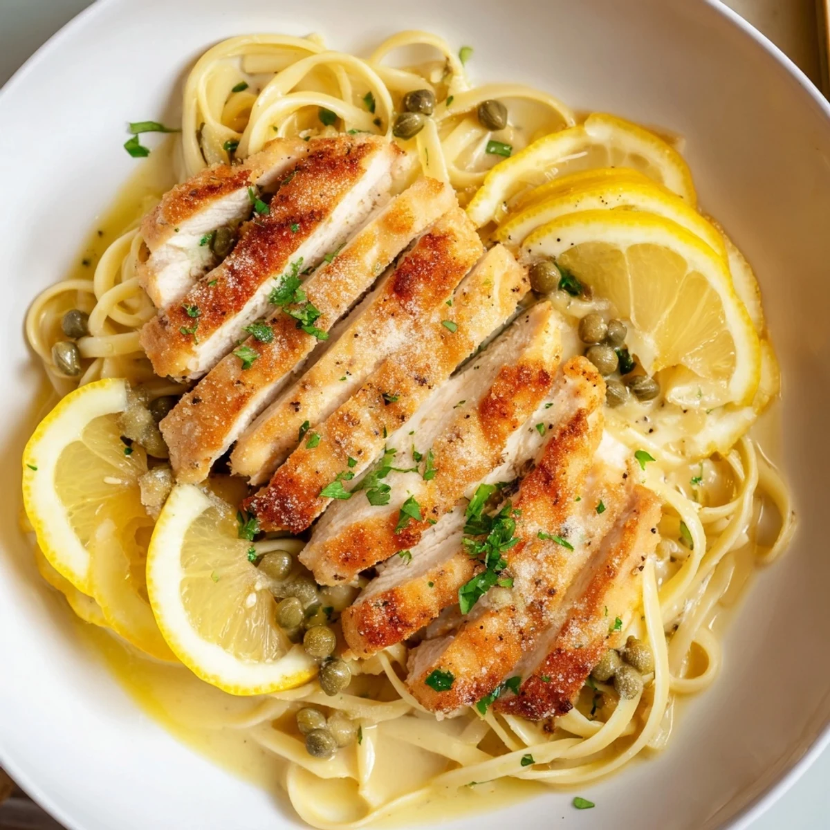 Quick Chicken Piccata Pasta with golden chicken cutlets and a bright, lemony sauce looks delicious.