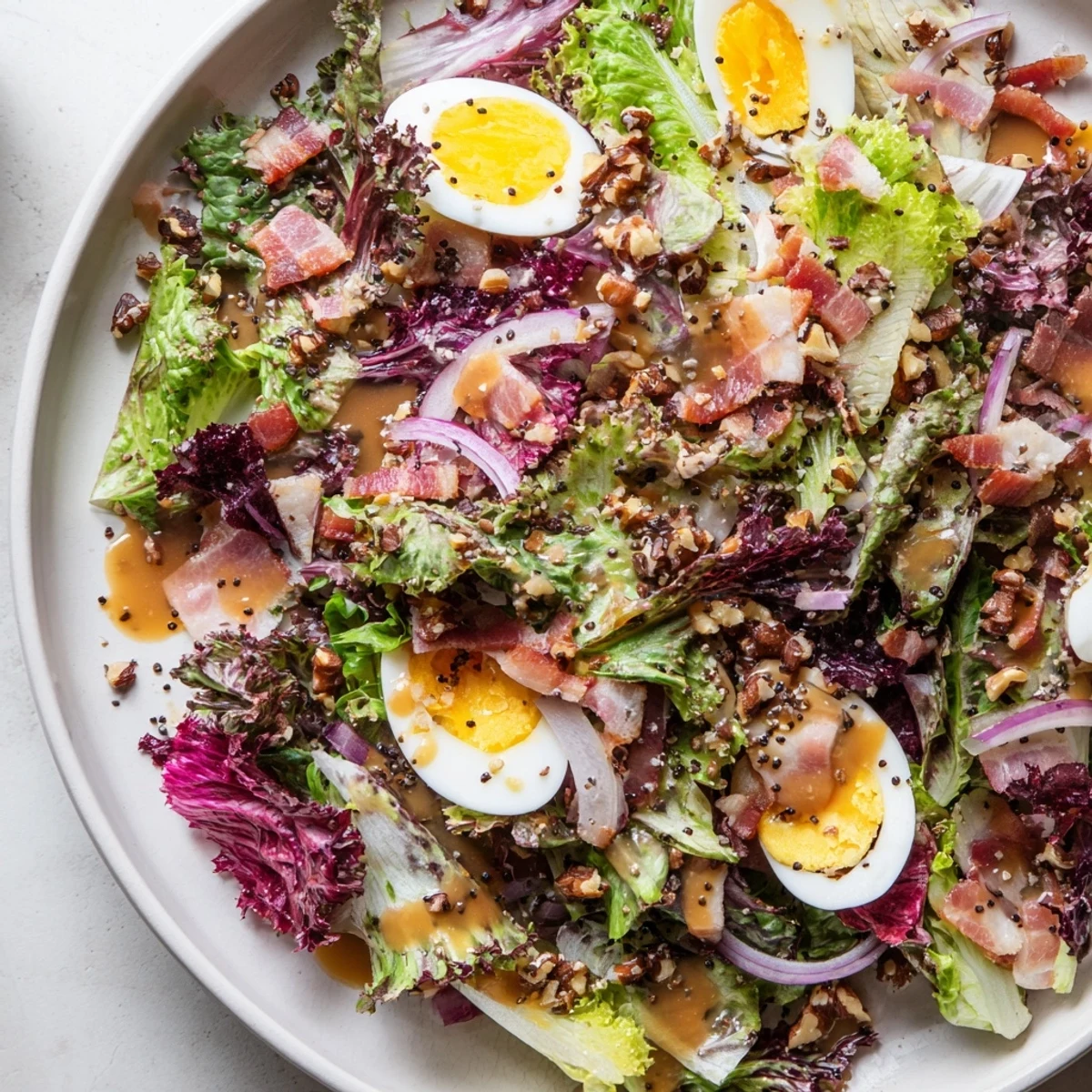 A vibrant Bitter Greens Salad with Warm Bacon Dressing, a delightful blend of flavors and textures.