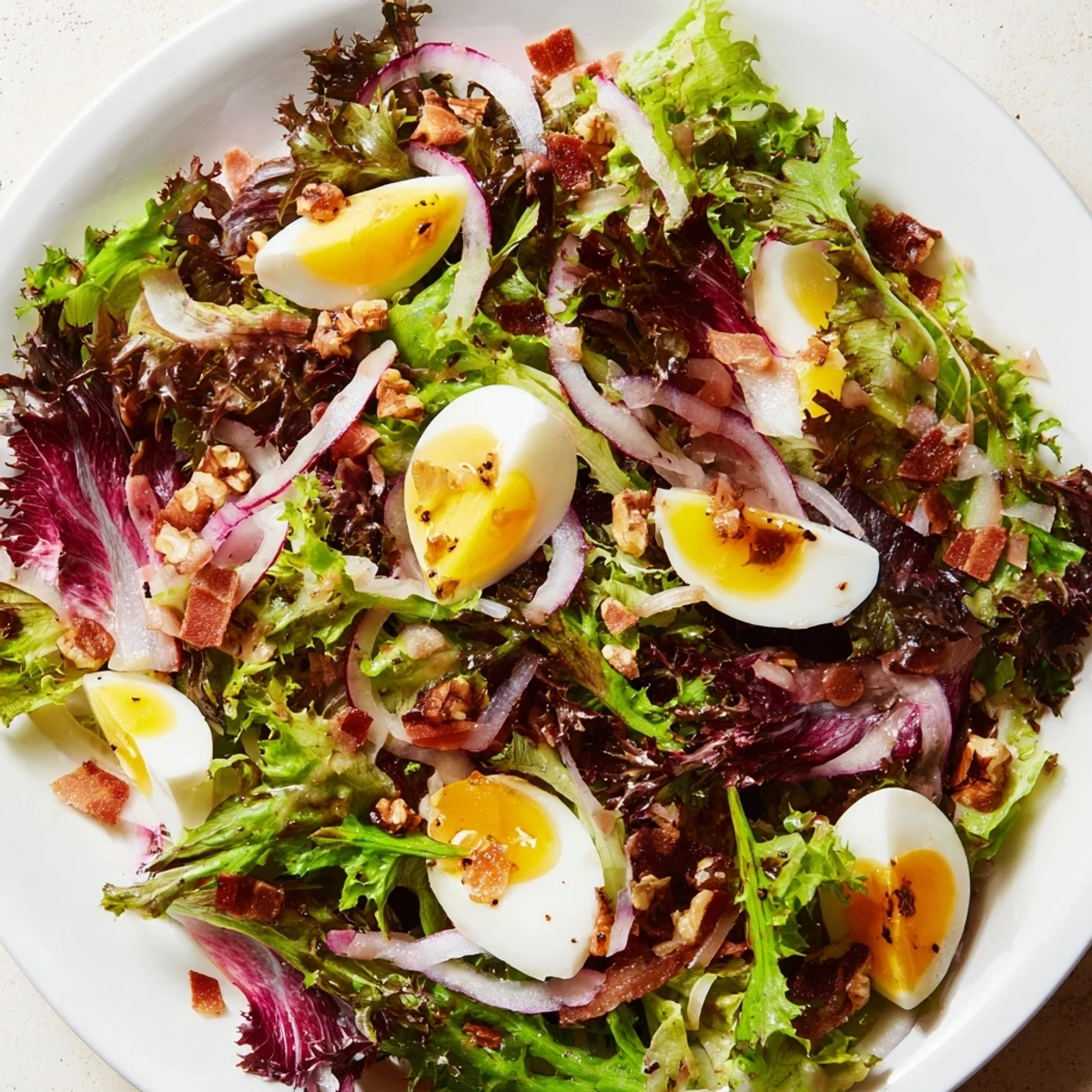 Glistening close-up of the Bitter Greens Salad with Warm Bacon Dressing, perfect for a flavorful lunch.