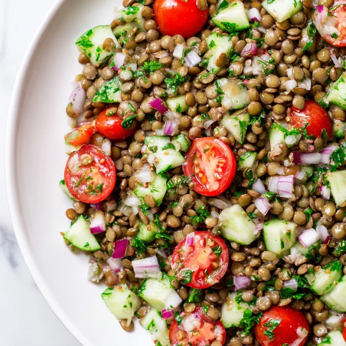 A colorful bowl of lentil salad with fresh veggies and a zesty mustard vinaigrette.
