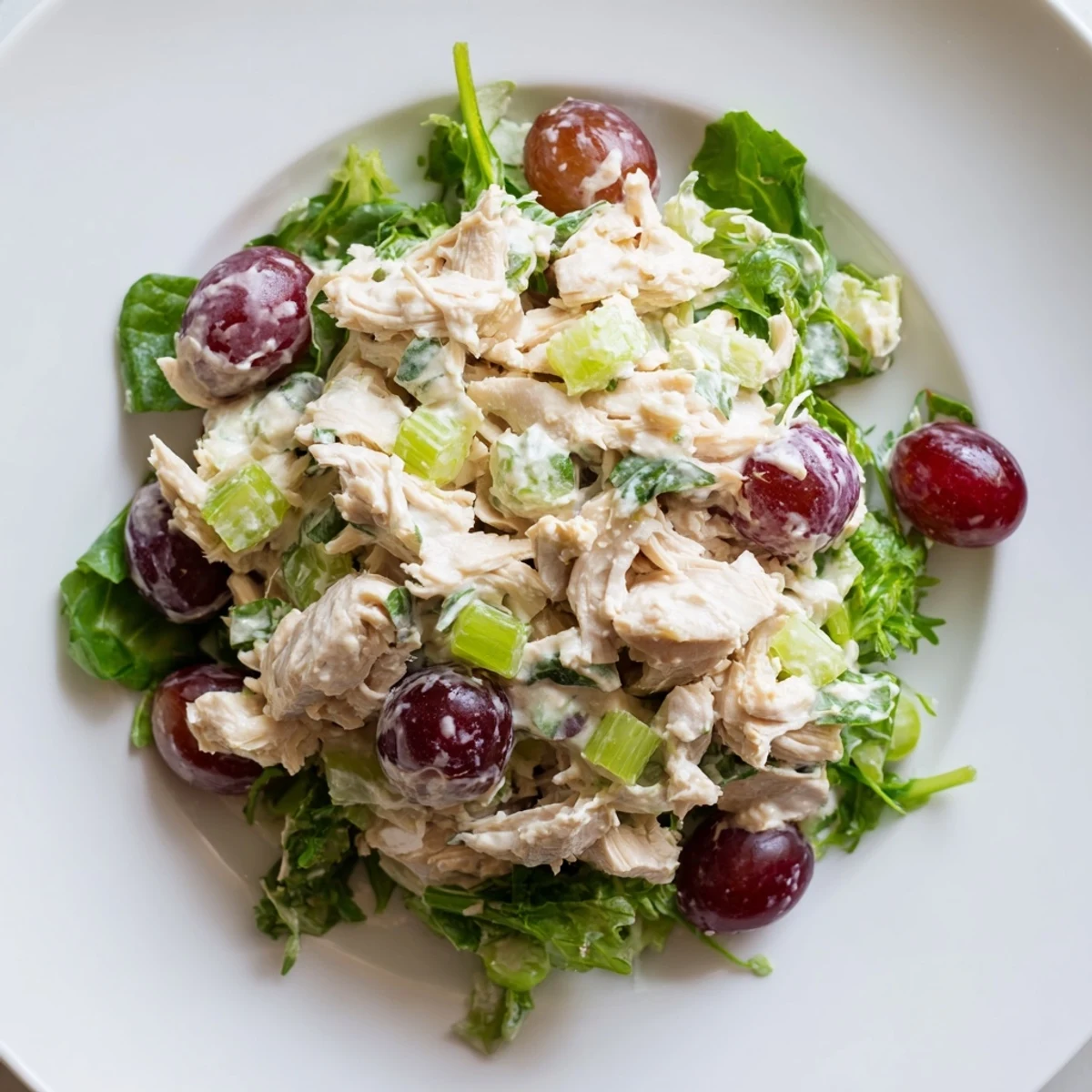 Creamy Crispy Chicken Salad with juicy grapes, fresh celery, and tender chicken, ready to eat.