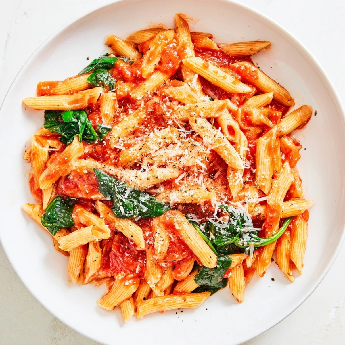 Close-up of quick marinara pasta brimming with spinach, topped with Parmesan and fresh basil.