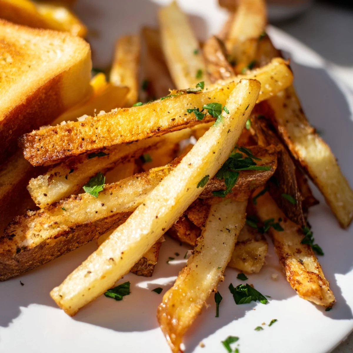 Crispy beef tallow French fries paired with melty cheddar grilled cheese, a classic American comfort meal.