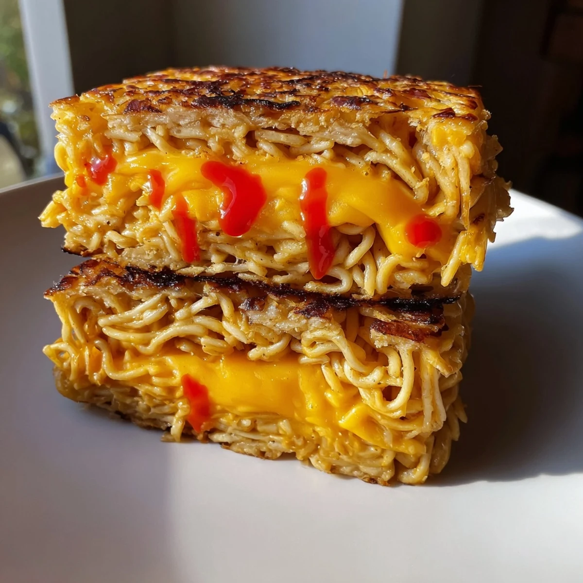 Golden, crispy Instant Ramen Grilled Cheese, oozing melted cheddar, is ready to be cut and savored.