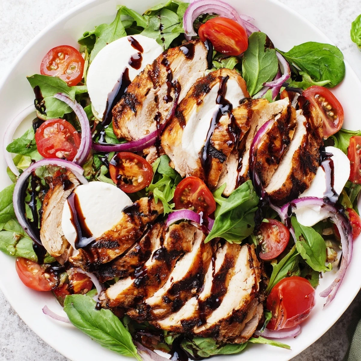 Grilled Caprese Chicken Salad with juicy chicken, ripe tomatoes, and fresh mozzarella cheese.