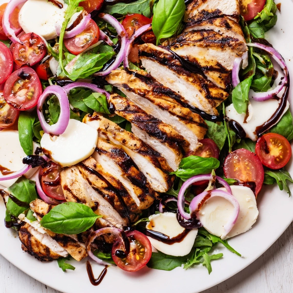 This Caprese Chicken Salad features grilled chicken with balsamic glaze, a delicious Italian-inspired meal.