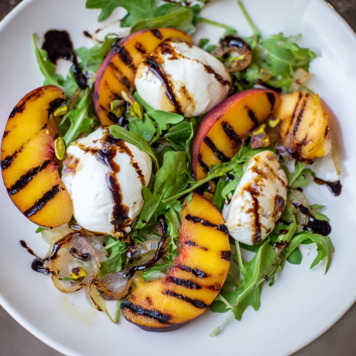 Grilled Peach Salad with charred peaches, creamy burrata, and peppery arugula for a delicious meal.