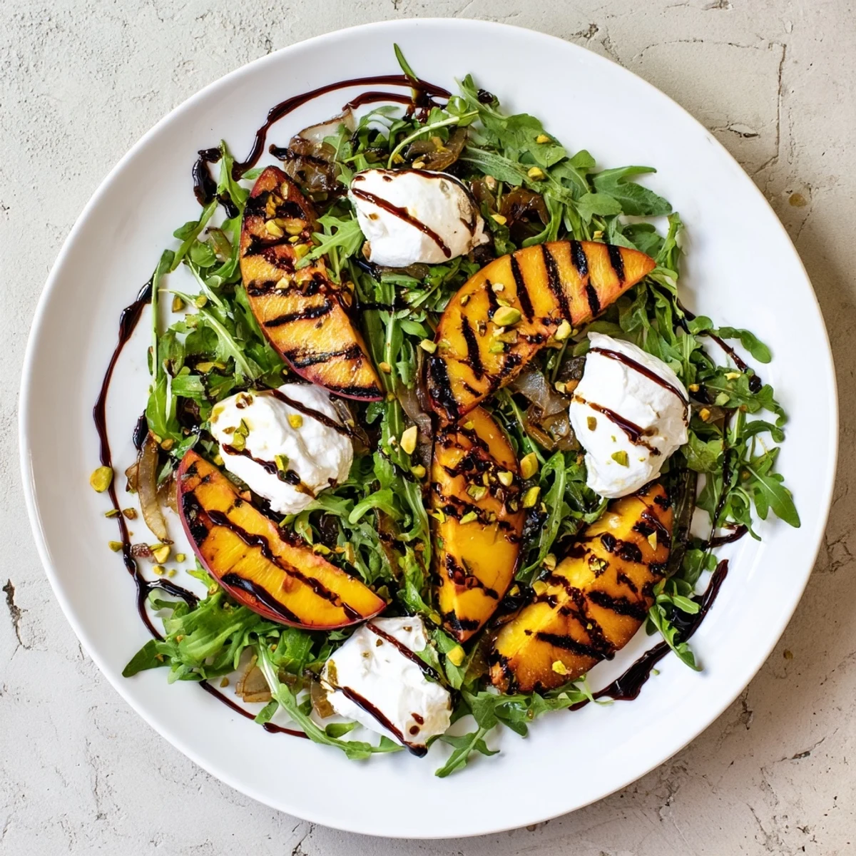 Fresh Grilled Peach Salad boasts sweet peaches, drizzled balsamic, and a vibrant, flavorful dish.
