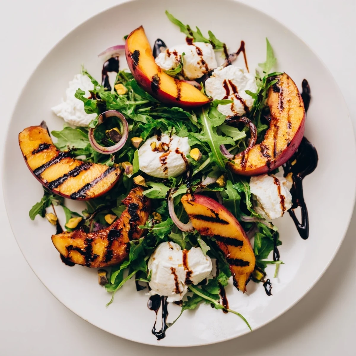 Enjoy this Grilled Peach Salad with juicy peaches, burrata, and a balsamic glaze, perfect for summer.