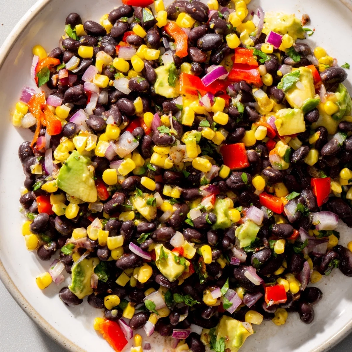 A bowl of colorful Southwest Black Bean Salad features crunchy peppers and zesty lime vinaigrette.