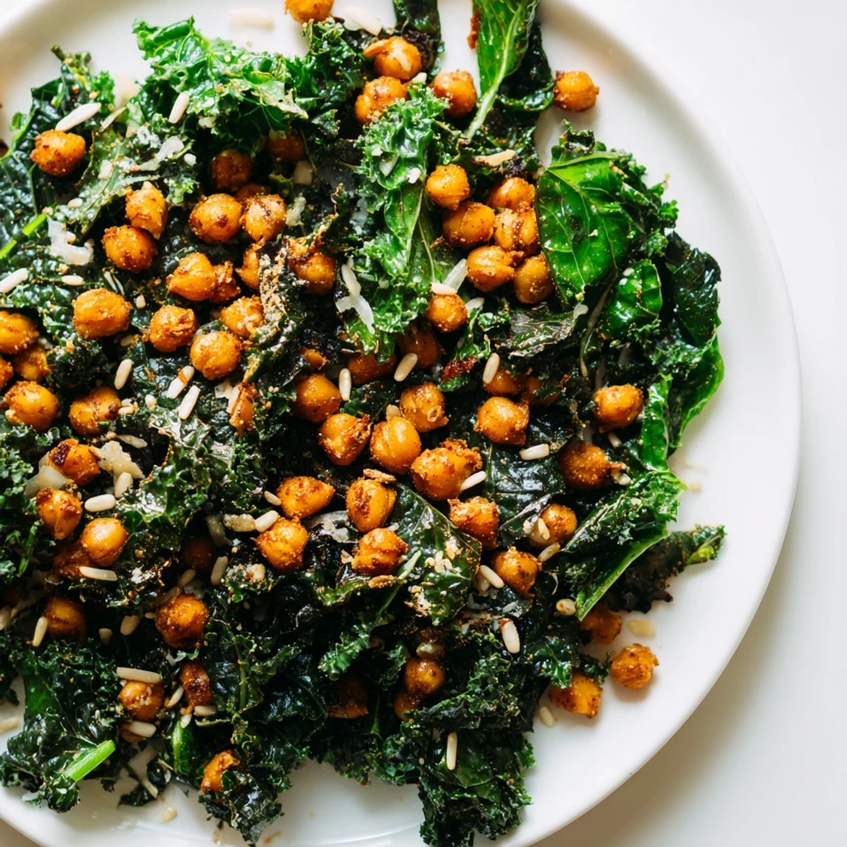 Warm Kale Salad with Crispy Chickpeas, a colorful dish with crunchy chickpeas and bright lemon dressing.