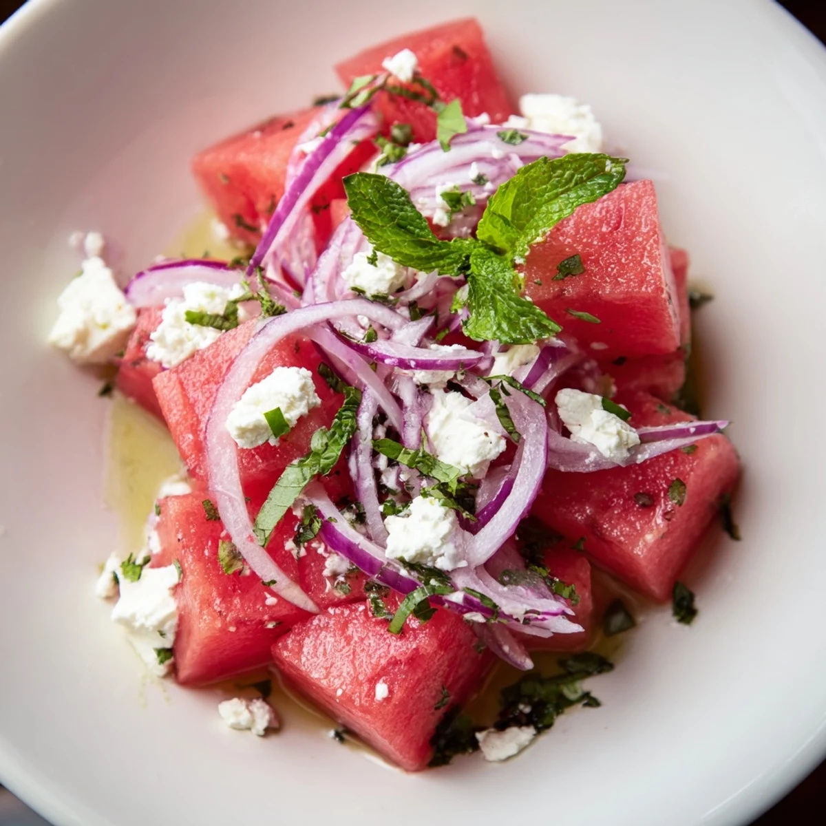 A vibrant Watermelon Feta Salad, showcasing juicy watermelon chunks and crumbled feta cheese ready to eat.