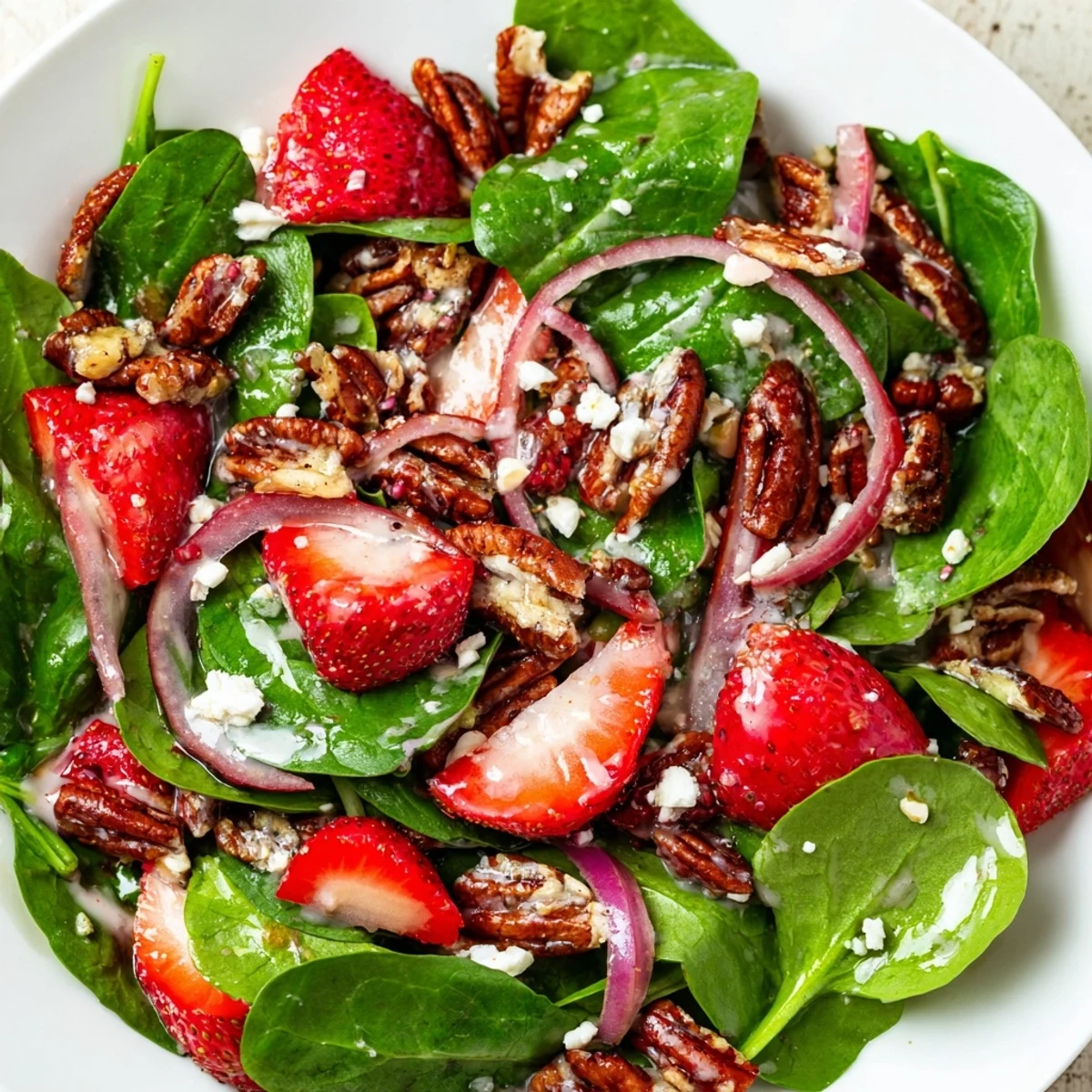 Vibrant Strawberry Spinach Salad with sweet berries, candied pecans, and creamy poppy seed dressing.