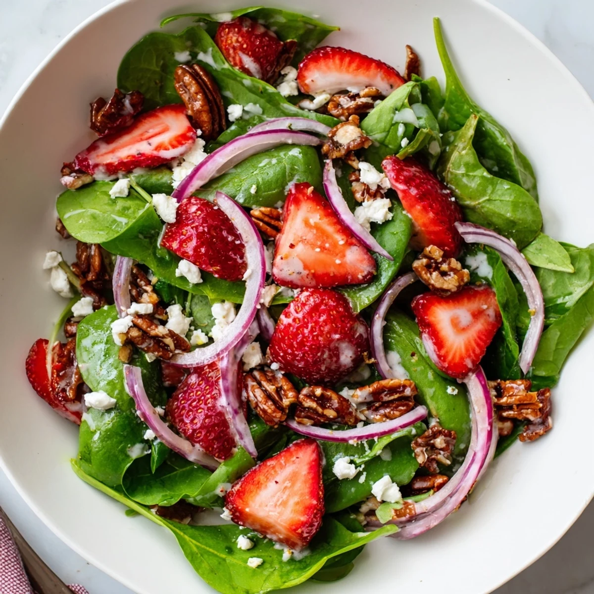 Freshly tossed and colorful Strawberry Spinach Salad, perfect for a light, delicious summer meal.