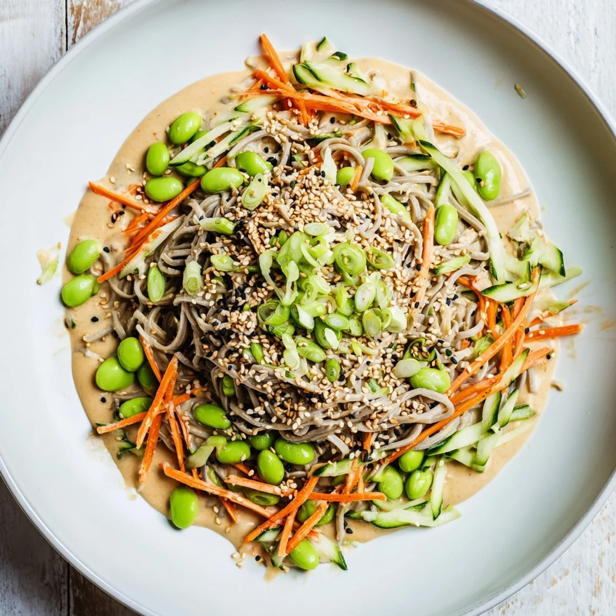 A close-up of a bowl of Asian sesame noodle salad, perfect for a light vegetarian meal.