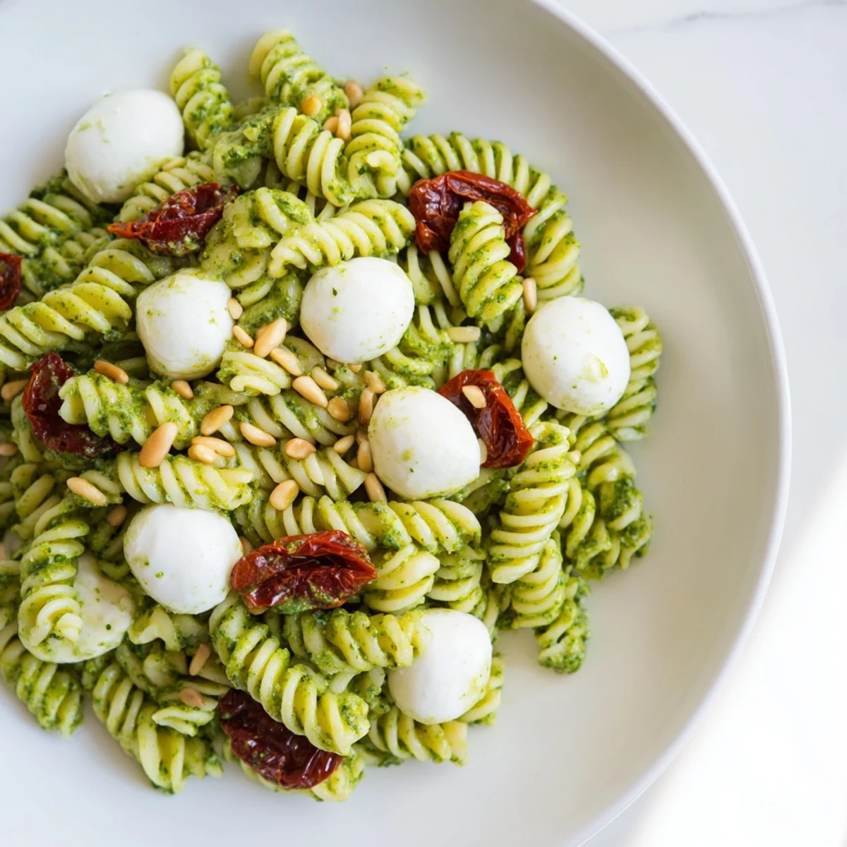 Pesto Pasta Salad showcases colorful ingredients; sun-dried tomatoes, mozzarella, and toasted pine nuts.
