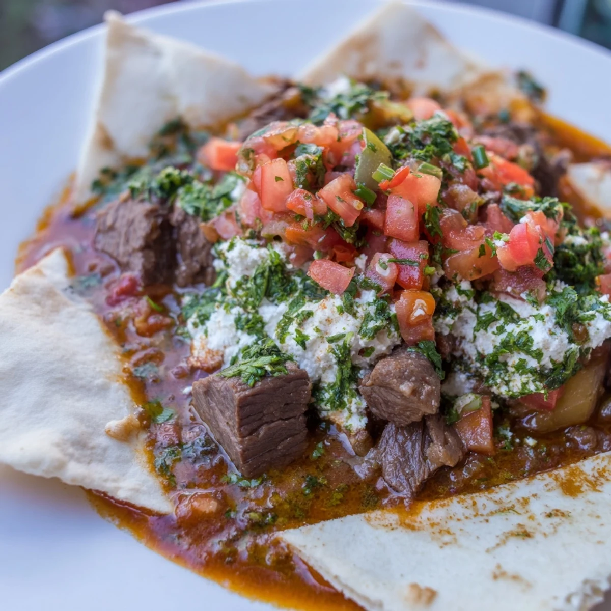 A steaming bowl of Yemeni Saltah stew, offering a rich, savory aroma over torn bread.