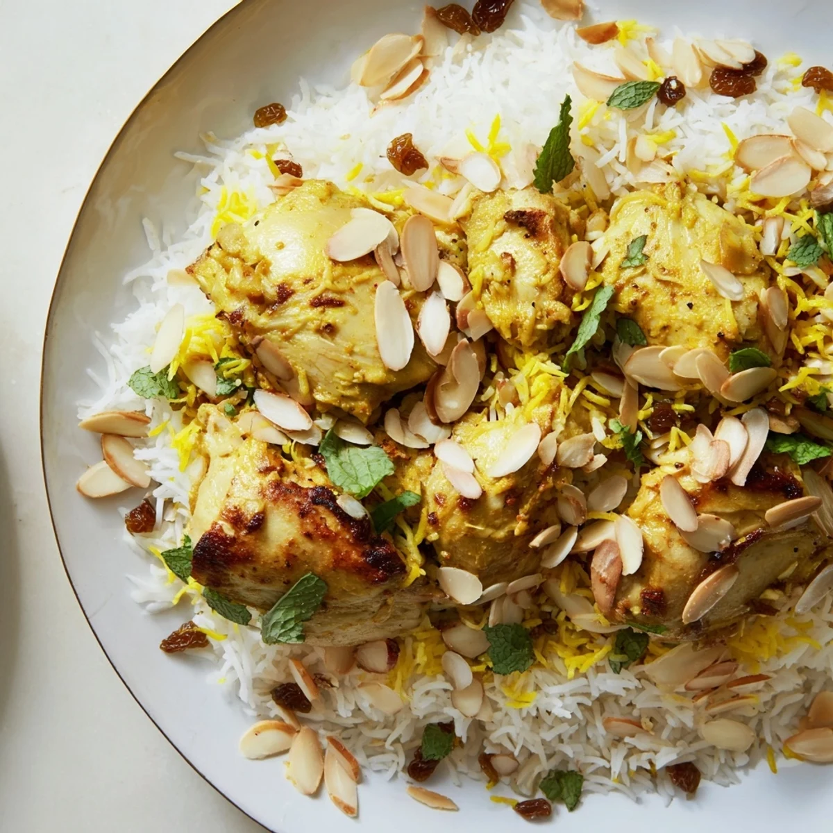 A steaming plate of Kuwaiti Biryani Rice, displaying fluffy, saffron-infused rice and tender meat.