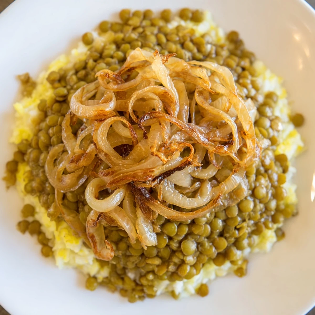Golden caramelized onions topping a hearty bowl of Lebanese Mjadra, lentils and rice.