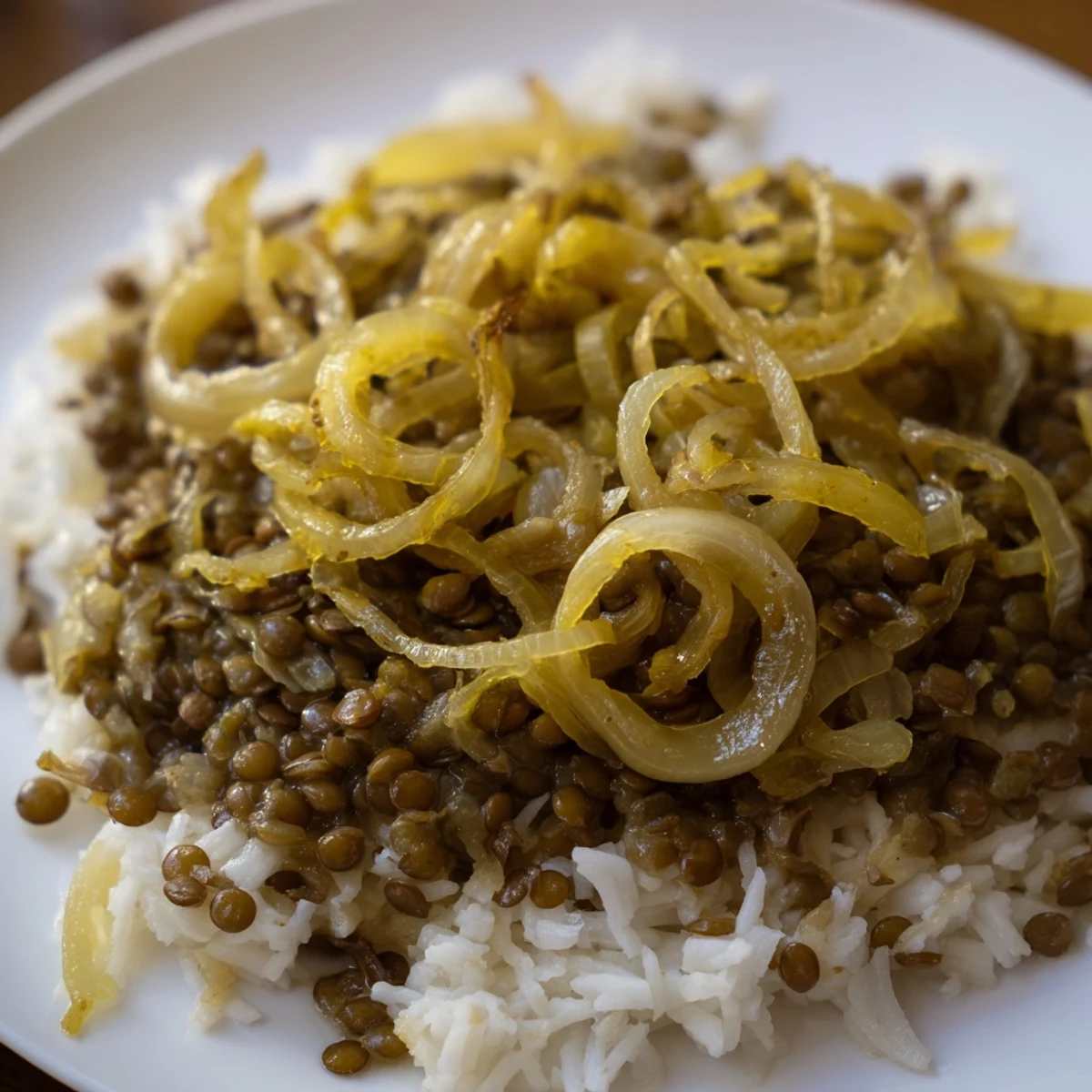 A warm, inviting image of Lebanese Mjadra: perfectly cooked lentils, rice, with spice aromas.