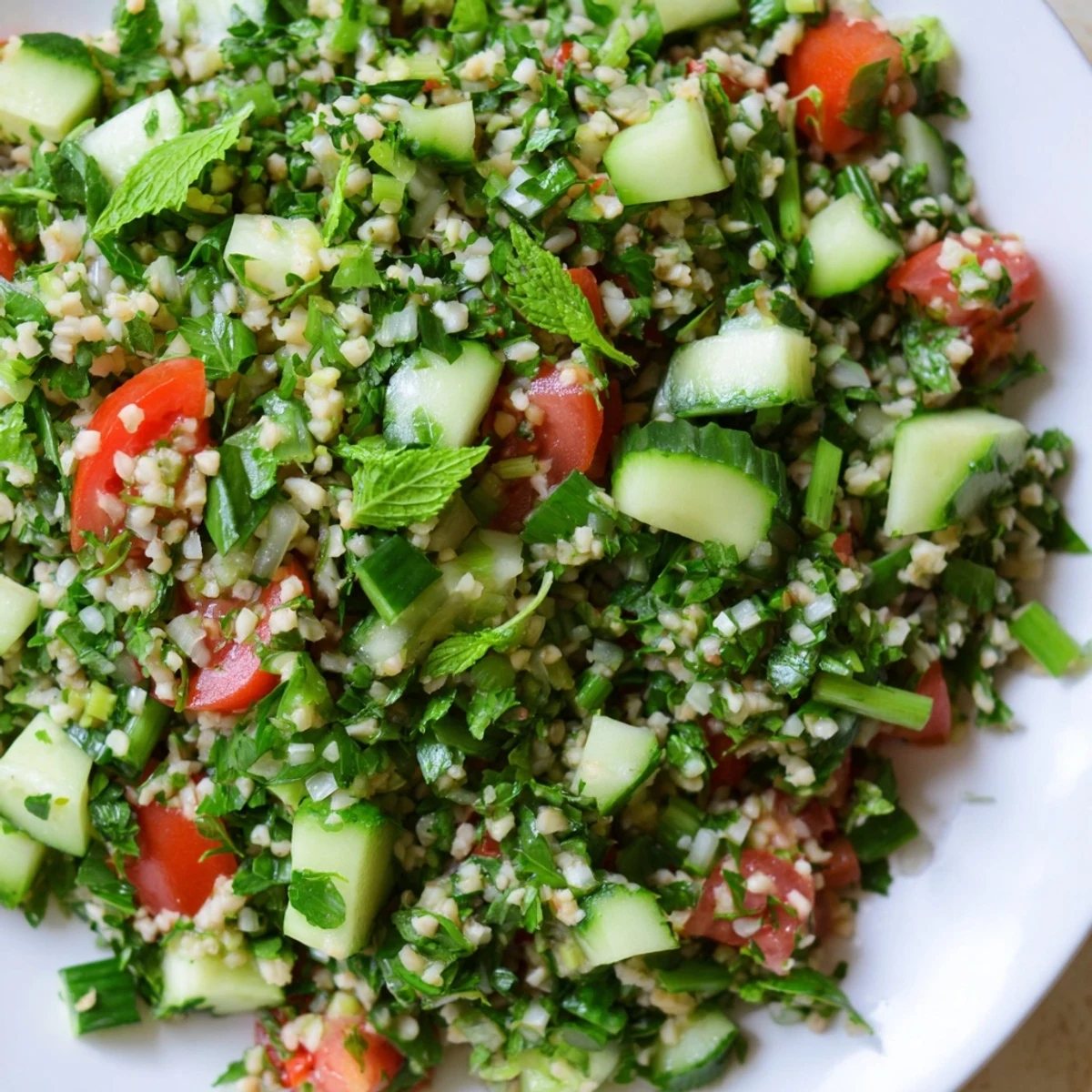 Vibrant Lebanese Tabbouleh salad, a refreshing mix of herbs, veggies, and zesty lemon dressing.
