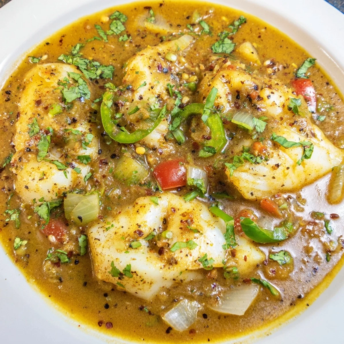 Golden, flaky pieces of Bahraini Fish Curry swimming in a creamy, coconut-infused sauce, ready to serve.