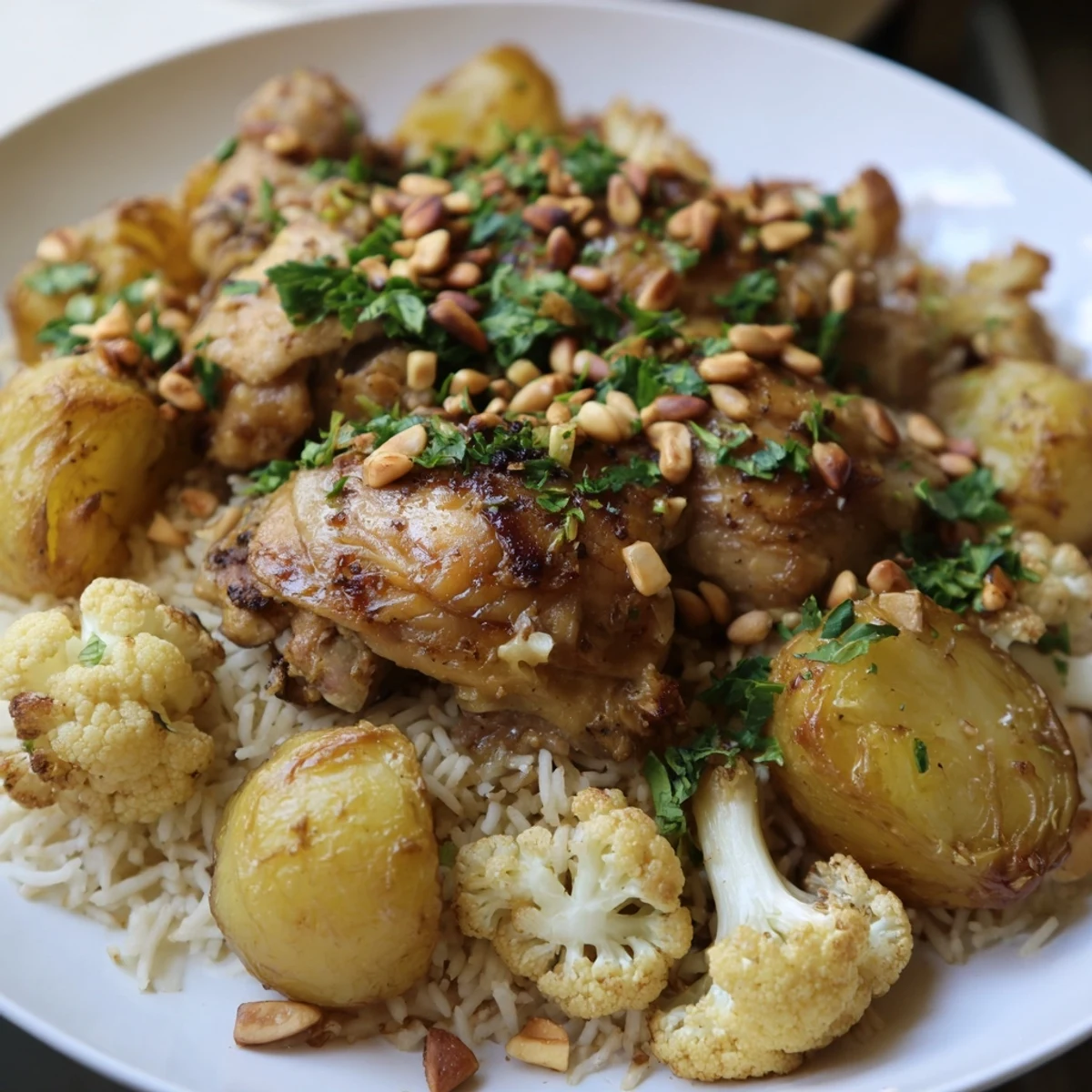 A steaming, inverted Palestinian Maklouba, revealing layers of rice and tender chicken, ready to serve.