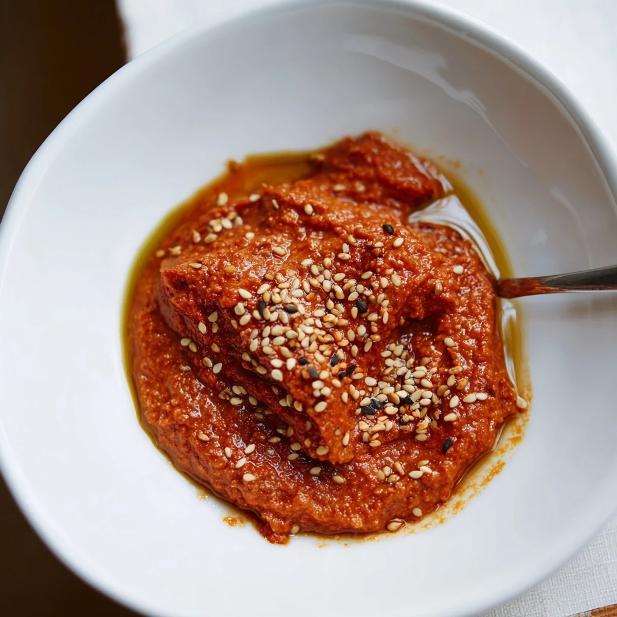Smoky, vibrant Syrian muhammara dip, swirled and ready to be scooped with warm pita bread.