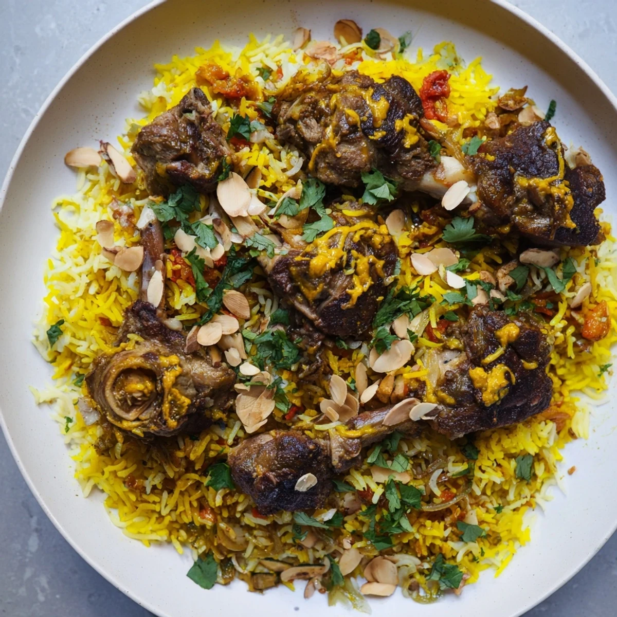 Fragrant Qatari Majboos: Savory lamb and fluffy rice, garnished with almonds and fresh cilantro, looks delicious.