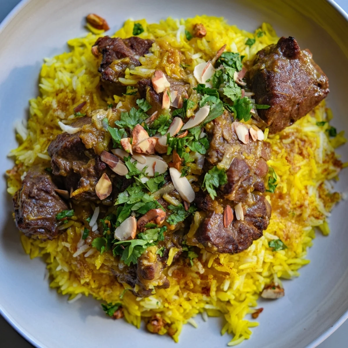 A close-up of steaming Qatari Majboos, the lamb tender and rice surrounded by vibrant spices.
